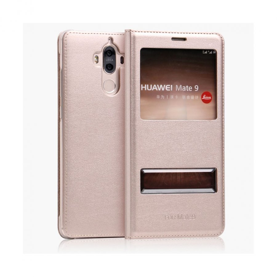 Huawei Mate 9 Nahkakotelo Kaksois Ikkunalla Ja Läpällä Kulta