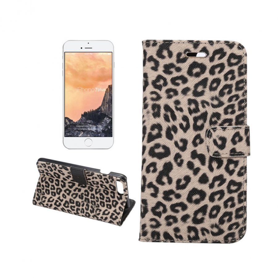 Iphone 7 Plus Leopardi Nahkakotelo Lompakko Harmaa