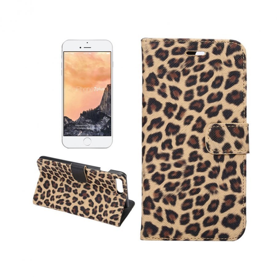 Iphone 7 Plus Leopardi Nahkakotelo Lompakko Ruskea