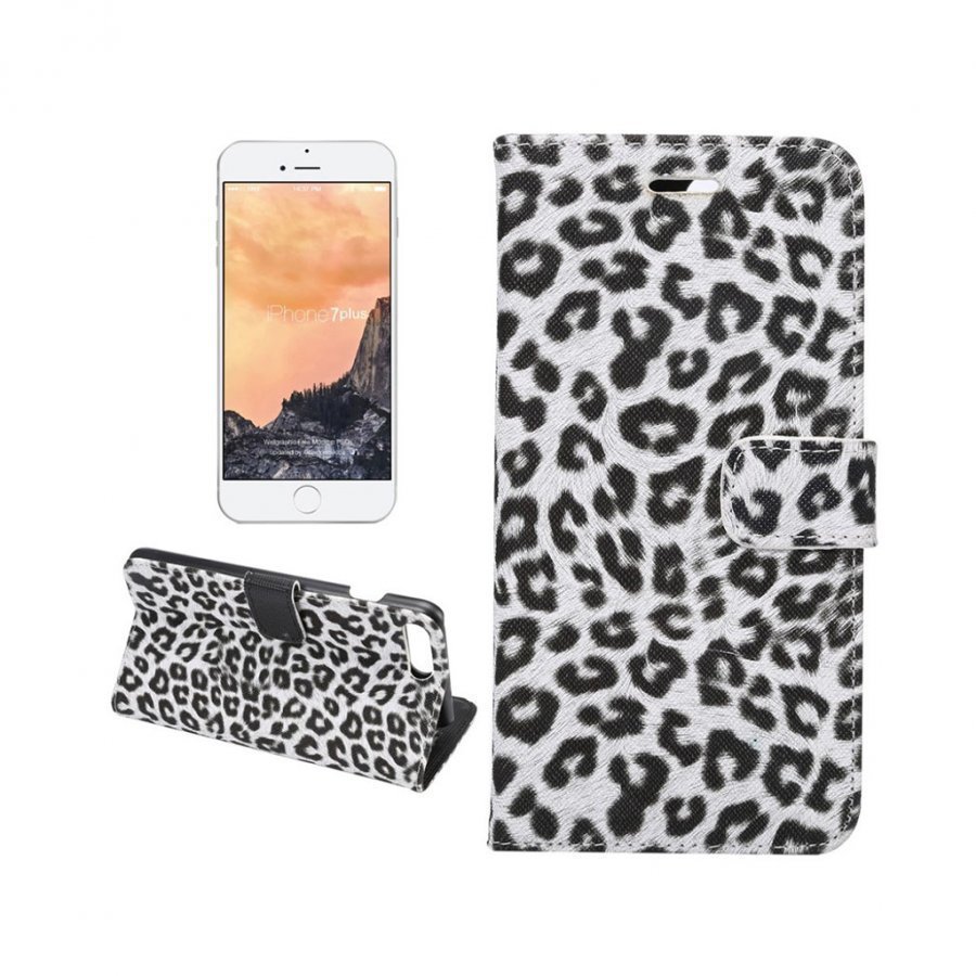 Iphone 7 Plus Leopardi Nahkakotelo Lompakko Valkoinen