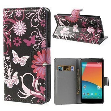 LG Nexus 5 Wallet Nahkakotelo Perhoset / Kukat