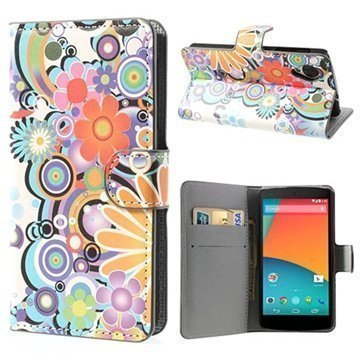 LG Nexus 5 Wallet Nahkakotelo Värikkäät kukat Valkoinen