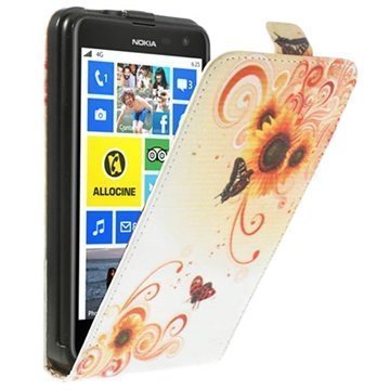 Nokia Lumia 625 Flip Nahkakotelo Perhoset / Keltainen kukat