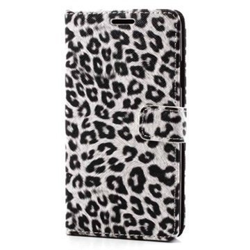 Samsung Galaxy Note 3 N9000 N9005 Wallet Nahkakotelo Leopardikuvio Valkoinen