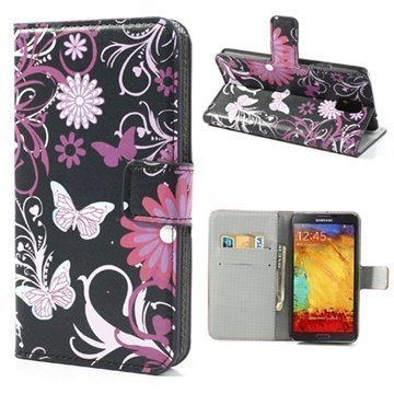 Samsung Galaxy Note 3 N9000 N9005 Wallet Nahkakotelo Perhoset / Kukat