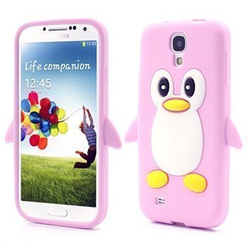 Samsung Galaxy S4 I9500 I9505 3D Penguin Silikoni Kotelo Vaaleanpunainen