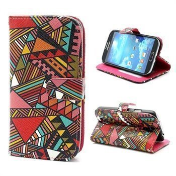 Samsung Galaxy S4 I9500 I9505 Tribal Wallet Nahkakotelo Vaaleanpunainen / Punainen / Keltainen