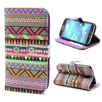 Samsung Galaxy S4 I9500 I9505 Tribal Wallet Nahkakotelo Violetti / Punainen / Vihreä