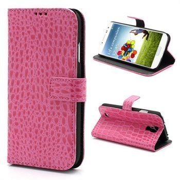 Samsung Galaxy S4 I9500 Wallet Nahkakotelo Kroko Kuuma Pinkki