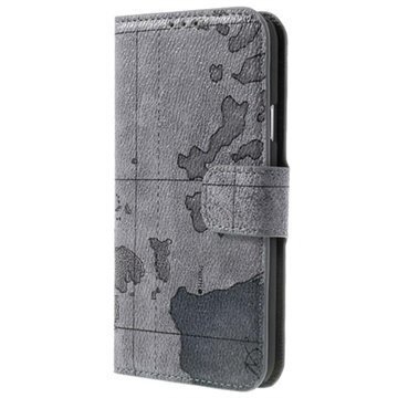 Samsung Galaxy S5 World Map Wallet Nahkakotelo Harmaa