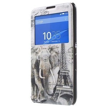 Sony Xperia E4 Xperia E4 Dual Slim View Folio Suojakotelo Norsu / Eiffel Torni