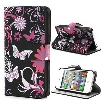 iPhone 4 / 4S Wallet Nahkakotelo Musta / Pinkki