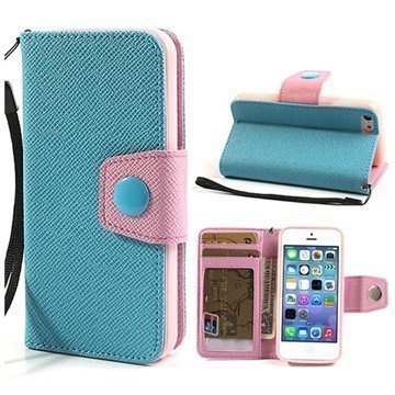 iPhone 5C Two-Tone Wallet Nahkakotelo Pinkki / Baby Blue