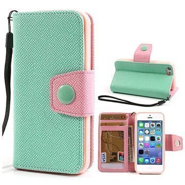 iPhone 5C Two-Tone Wallet Nahkakotelo Pinkki / Syaani