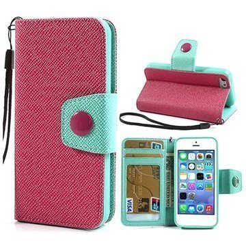 iPhone 5C Two-Tone Wallet Nahkakotelo Syaani / Kuuma Pinkki