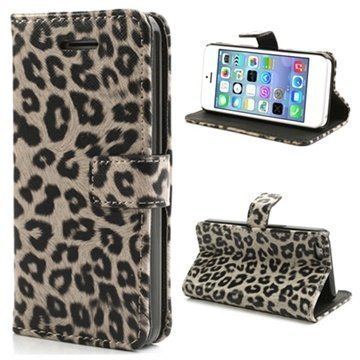 iPhone 5C Wallet Nahkakotelo Leopard Harmaa