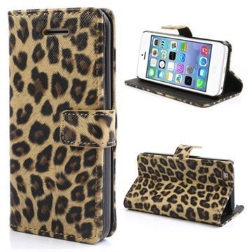 iPhone 5C Wallet Nahkakotelo Leopard Ruskea