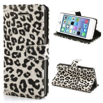 iPhone 5C Wallet Nahkakotelo Leopard Valkoinen