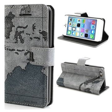 iPhone 5C World Map Wallet Nahkakotelo Harmaa