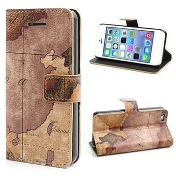 iPhone 5C World Map Wallet Nahkakotelo Ruskea